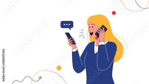 Modern illustration of a young woman multitasking by talking on one phone while looking at and messaging on another smartphone.