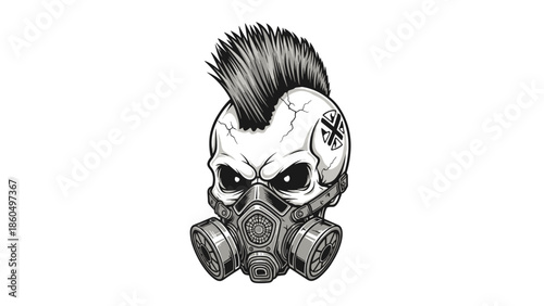Monochrome illustration of a post-apocalyptic punk skull with a mohawk hairstyle, wearing a gas mask and showing an aggressive expression.
