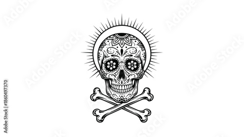 Black and white illustration of a decorated sugar skull with crossbones, representing the Mexican Day of the Dead, Dia de los Muertos.