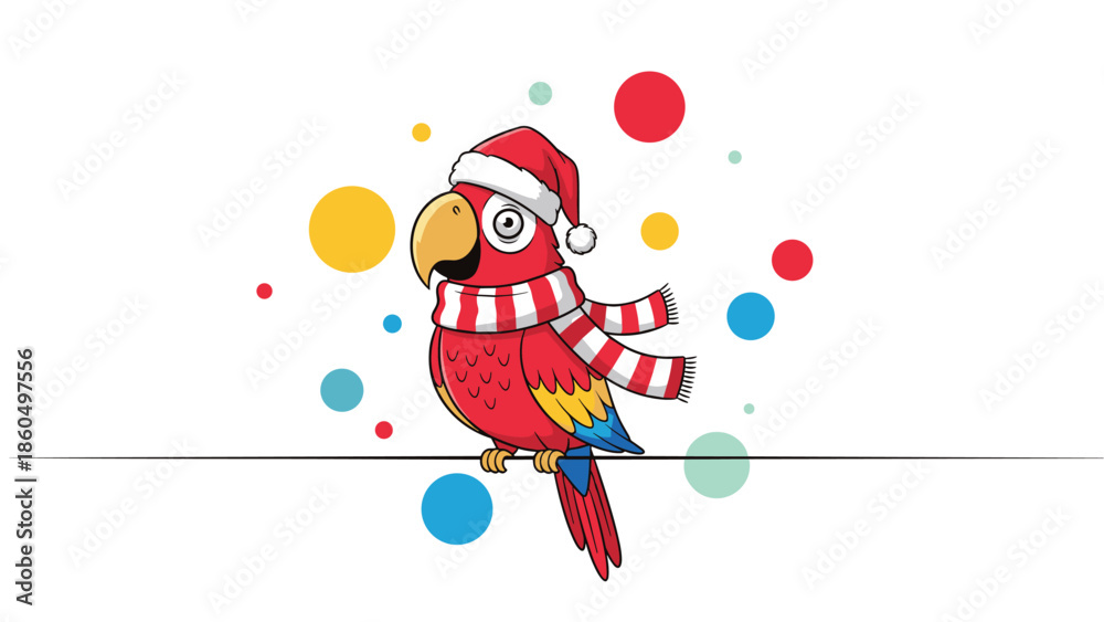 Fototapeta premium Cute cartoon parrot wearing a Santa hat and a red and white striped scarf, perched on a line with colorful confetti dots.