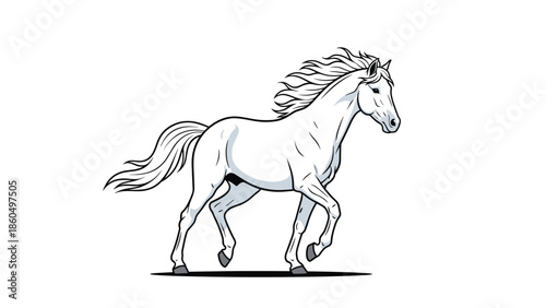 Detailed black and white line art illustration of a beautiful white horse with a flowing mane and tail trotting gracefully.