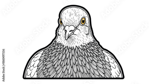 Highly detailed black and white engraving-style illustration of a pigeon's head looking directly forward, with a thick outline.