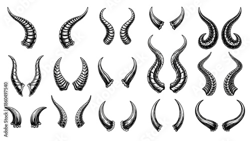 Large collection of various animal horns in a detailed black and white vintage engraving style, isolated on a white background.