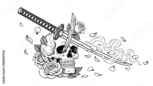 Detailed black and white tattoo-style illustration of a human skull pierced by a katana sword, surrounded by roses and petals.