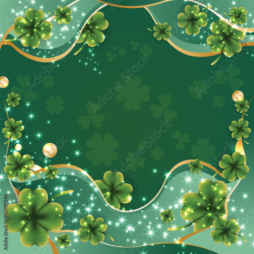 A vibrant green background adorned with sparkling clovers and golden swirls, celebrating luck.