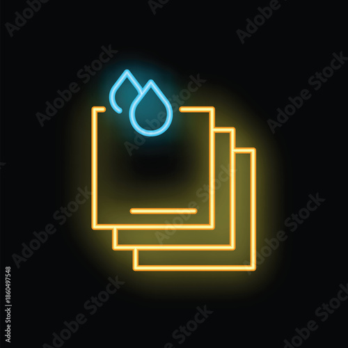 Neon glowing icon of a waterproof fabric with water drops, representing repellent material