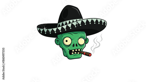 Cartoon illustration of a green zombie head with a creepy expression, wearing a large black sombrero and smoking a cigar.