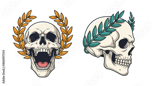 Two vector illustrations of human skulls, one screaming and one calm, both adorned with laurel wreaths in a vintage style.