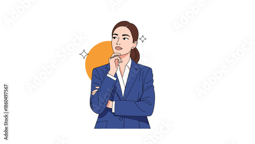 Pop art style illustration of a thoughtful businesswoman in a blue suit with her hand on her chin, contemplating a new idea.