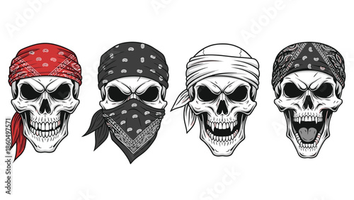 Set of four vector illustrations of menacing human skulls wearing different styles of bandanas, in a gangster or biker style.