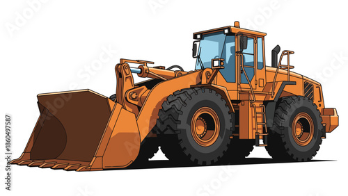 Detailed vector illustration of a large orange wheel loader, a heavy construction vehicle used for moving earth and materials.