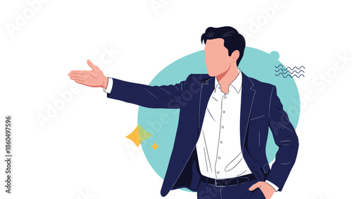 Modern flat vector illustration of a faceless businessman in a sharp suit, gesturing with one hand to present something.