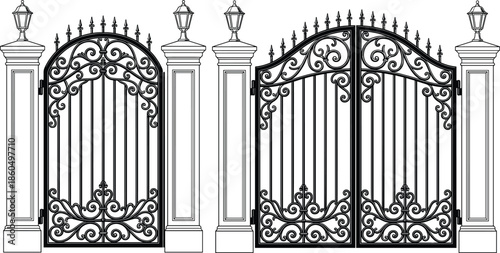 Decorative Wrought Iron Mansion Gates with Elegant Stone Pillars and Vintage Lanterns Featuring Ornate Victorian Scrollwork Isolated on White Background