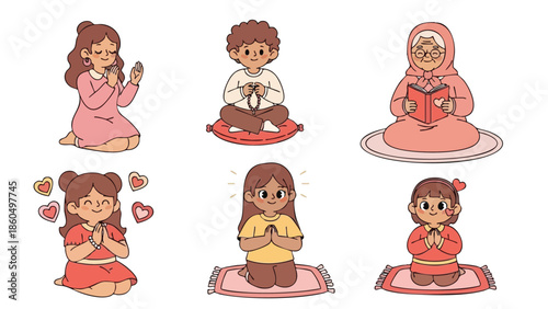 Cute children sitting on prayer mats praying with hands clasped in various positions vector flat style diverse ethnic backgrounds peaceful spiritual moment indoors illustrated
