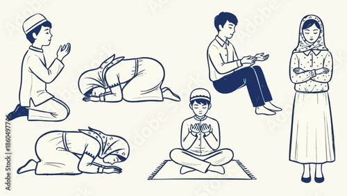 Minimalist line art six different muslim persons performing islamic prayer positions including standing, sitting, bowing, and kneeling in traditional religious attire and headwear