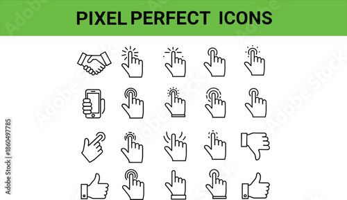 Linear Vector Icon Set Featuring Hand Gestures Like Thumbs Up Handshake Touch Screen Clicks Finger Pointing and Smartphone Interaction Isolated on White