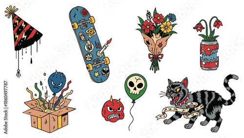 Grunge style close up of black striped cat playing with red angry balloon and skull balloon surrounded by colorful flowers party hat and blue ghost