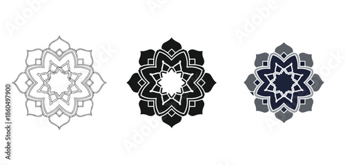 Intricate Mandala Designs in Three styles vector set line art, silhouette and color version for Islamic Design, App UI, Posters and Branding 