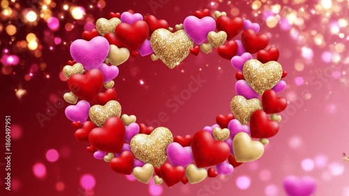 Sparkling heart shapes in red pink and gold arranged in a large heart set against a red bokeh backdrop with light flares