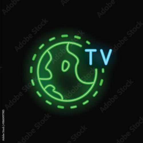 Glowing neon sign depicting planet earth, representing the concept of worldwide tv broadcasting