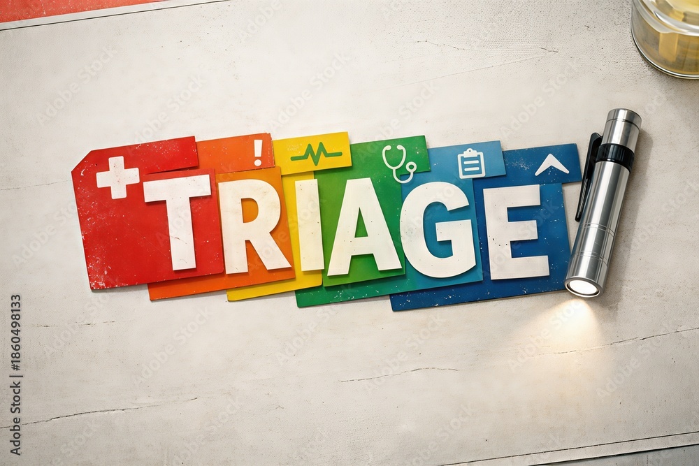 Fototapeta premium Visual representation of medical triage system showcasing colored labels illustrating urgent care processes and health assessment, symbolizing efficient emergency response management