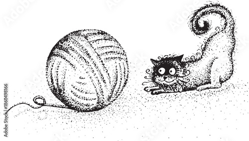 Cute cat cartoon illustration playing with giant yarn ball in attack mode. Vector hand-drawn pen and ink drawing illustrated in vintage stipple dotwork with texture.