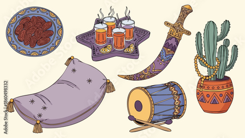Colorful flat design set of medieval elements with decorated sword, beaded drum, ornate plate with roasted meat, velvet cushion, triangle beer tray and cactus plant pot in vector art style