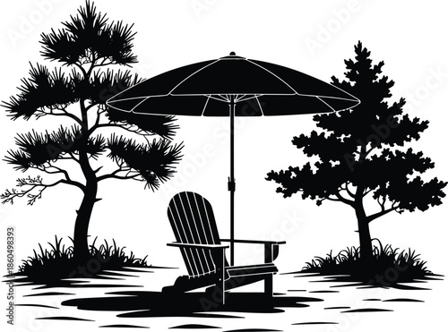 Beach Chair and Umbrella Silhouette Illustration, Relaxing Outdoor Nature Scene with Trees, Black Vector Design for Summer Vacation Concept