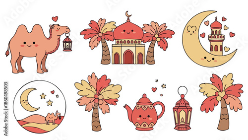 Cute cartoon camel holding lantern with smiling face next to mosque crescent moon stars and palm trees vector art set playful colorful illustration festive middle eastern theme