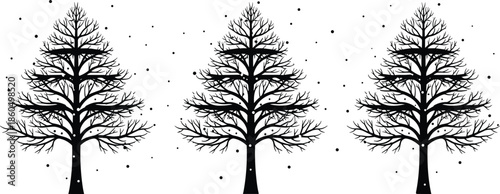 Set of Three Bare Winter Tree Silhouettes with Falling Snow Particles and Detailed Branches for Christmas Holiday Design and Decoration