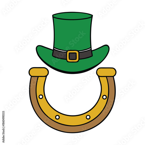 A festive leprechaun hat paired with a shiny good luck horseshoe, symbolizing Irish charm, fortune, and St. Patrick’s Day magic on a cheerful, celebratory design.

