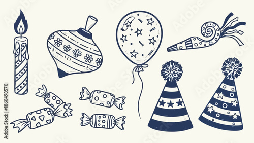 Hand drawn black and white line art birthday party elements with candle, spinning top, balloon, party hats, and candies in whimsical doodle style vector design