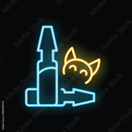Neon glowing sign of veterinary anti flea drops for cats glowing on a black background