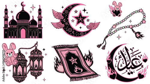 Flat design set of six islamic themed elements crescent moon with wings and stars mosque silhouette pink and black color stylized lanterns bunny ornament holy quran fire flame calligraphy