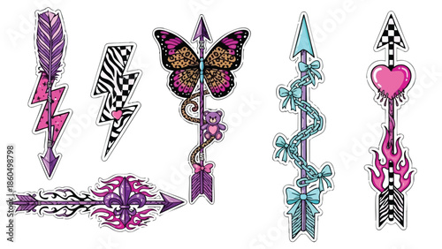 Colorful vector set of arrows with purple butterfly heart and blue snake designs with decorative tribal and geometric patterns in close up front view