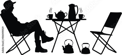Camping Tea Time Silhouette Illustration, Man Sitting on Folding Chair with Table Kettle Cups, Black Vector Outdoor Relaxation Concept