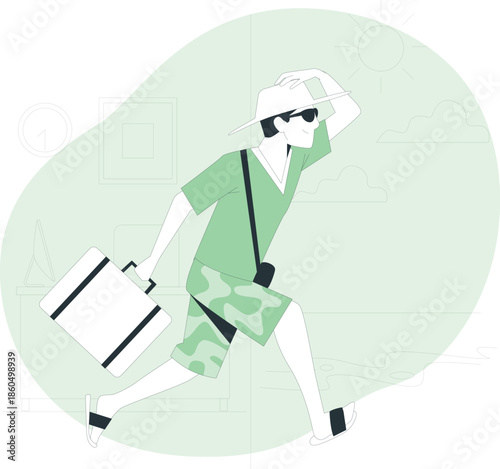 Woman walking with luggage in a relaxed summer outfit