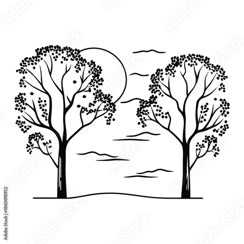 Silhouette of a forest with trees against a dark blank background