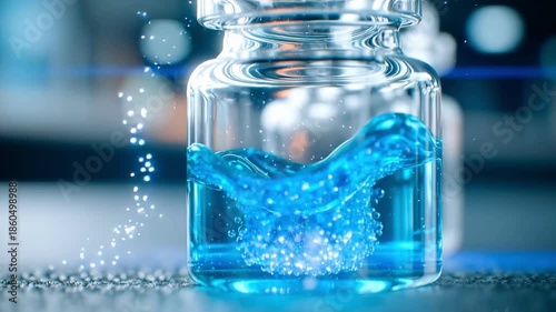Dropper releasing blue glowing solution into glass jar symbolizing biotechnology