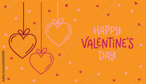 Happy Valentine’s Day greeting with hanging heart line art, orange background, romantic love illustration design concept
