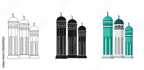 Mosque Minarets in Three styles vector set line art, silhouette and color version for Islamic Design, App UI, Posters and Branding