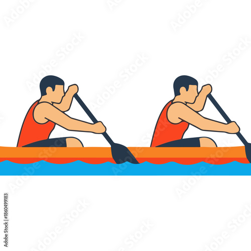 Two men paddling a canoe in a synchronized and determined manner.