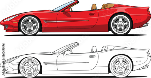 Vector illustration of a red luxury convertible sports car and its black and white line art outline isolated on white background