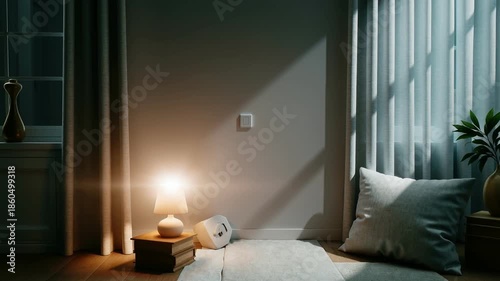 Finger pressing illuminated wall button in dark modern environment