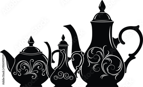 Ornate vintage teapot and coffee pot silhouettes, elegant ceramic tea set illustration isolated on white background for kitchen decor