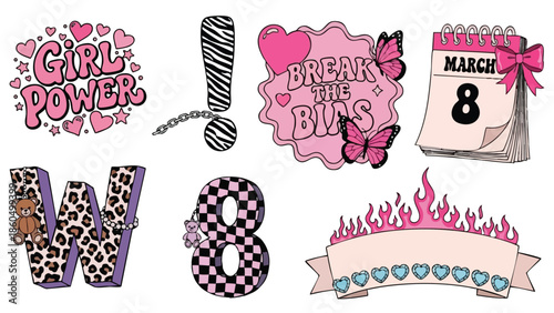 Colorful feminist flat design icons celebrating womens empowerment with girl power text, break the bias heart graphic, march 8 calendar, flaming banner, various patterned number eight symbols