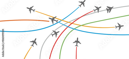 Abstract Global Aviation Network Illustration Showing Multiple Commercial Airplanes Following Colorful Flight Path Curves for International Travel and Logistics Concepts
