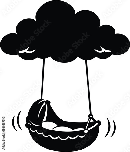 A black and white illustration of a cradle suspended from a cloud