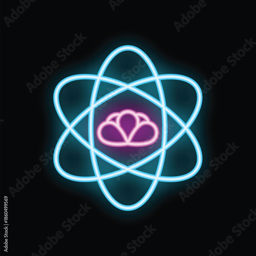 Bright neon atom symbol is glowing, with a brain icon at the center, representing the intersection of science and knowledge
