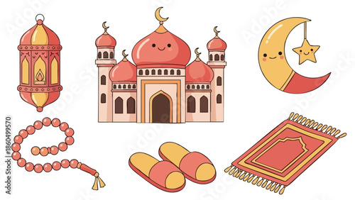 Flat design colorful islamic mosque with crescent moon star, lantern, prayer rug, slippers and prayer beads in traditional arabic style vector art